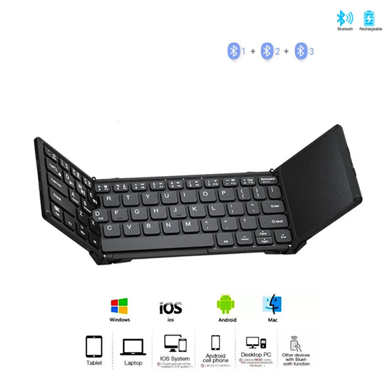 SeenDa Portable Tri-Folding Wireless Keyboard with Sensitive Touchpad Rechargeable Foldable Keyboard Sync up to 3 Devices