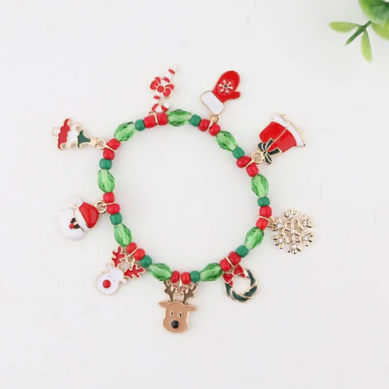 Christmas Elk Santa Claus Snowflake Pendant Bracelet for Women Christmas Days Celebration Beads Chain Party Jewelry Gifts