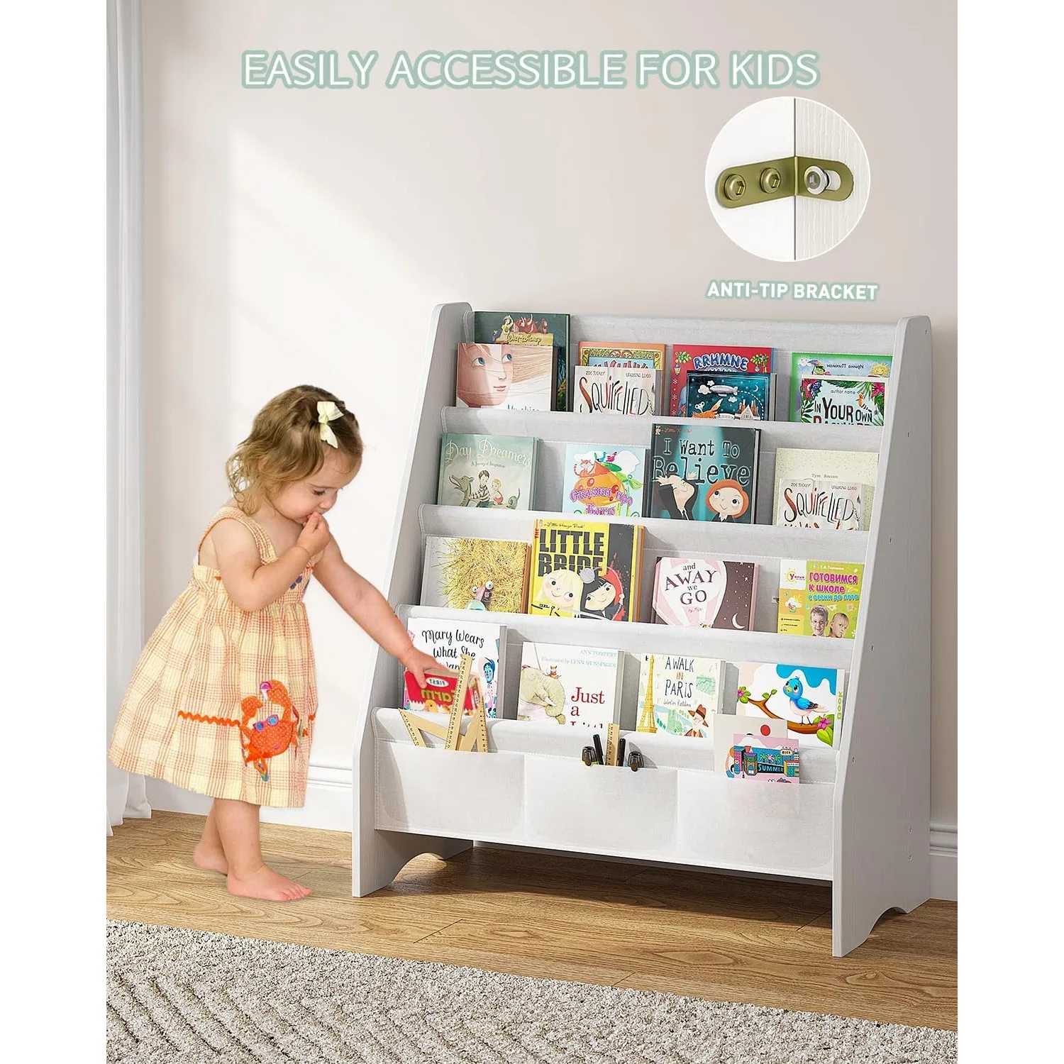 Sturdy Kids Bookshelf for Kids Room with Tear-Proof Oxford Sling, Ideal Height for Quick Book Access, White/Wood Texture 3