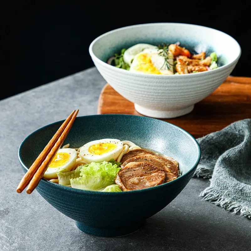 Ceramic Japanese Ribbed Ramen Bowl Creative Household Tableware Soup Noodle Bowl Large Fruit Salad Hat Set