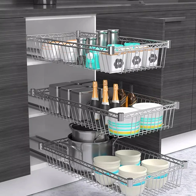 DIY Cupboard Drawer Basket Kitchen Storage Shelf Organizer Sliding Cabinet  Basket Pull Out Metal Drawer Type Mesh Basket - AliExpress