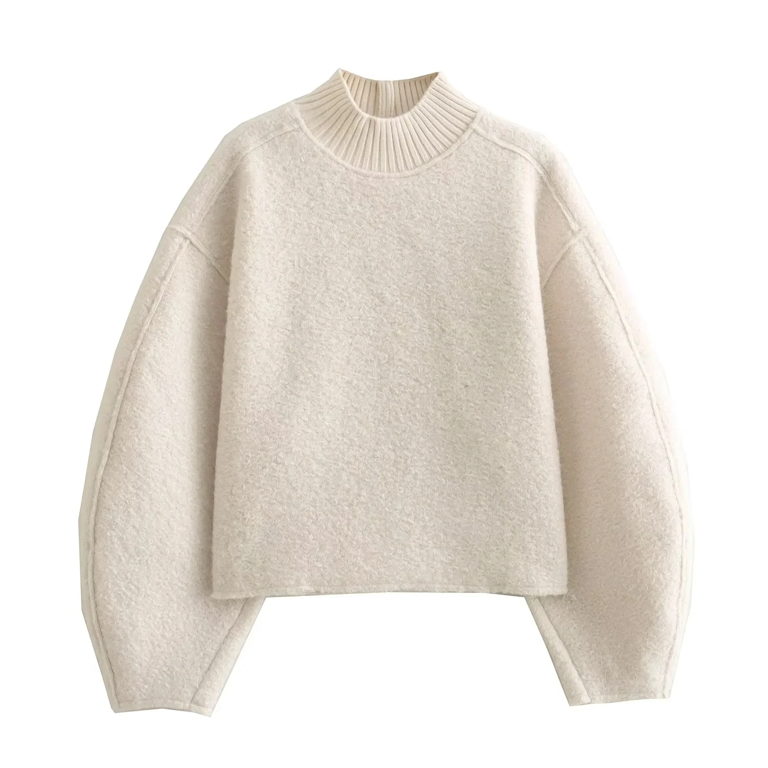 

TRAF 2023 Women Sweatshirts Vintage Turtleneck Seamless Trims Knit Pullovers Woman Clothing Puff Long Sleeve Sweater Winter Tops