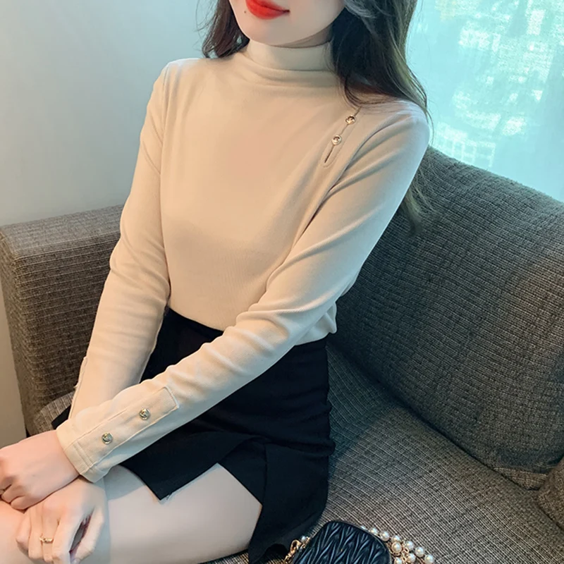

European Autumn and Winter New Half High Collar Brushed Thin Fleece Long Sleeve T-shirt for Women with Slim Fit Fashion Underlay