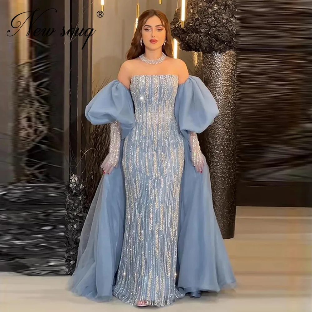 Blue Dubai One Shoulder Sexy Split Evening Dresses Luxury Beaded Crystal Sparkle Formal 2025 LA70258