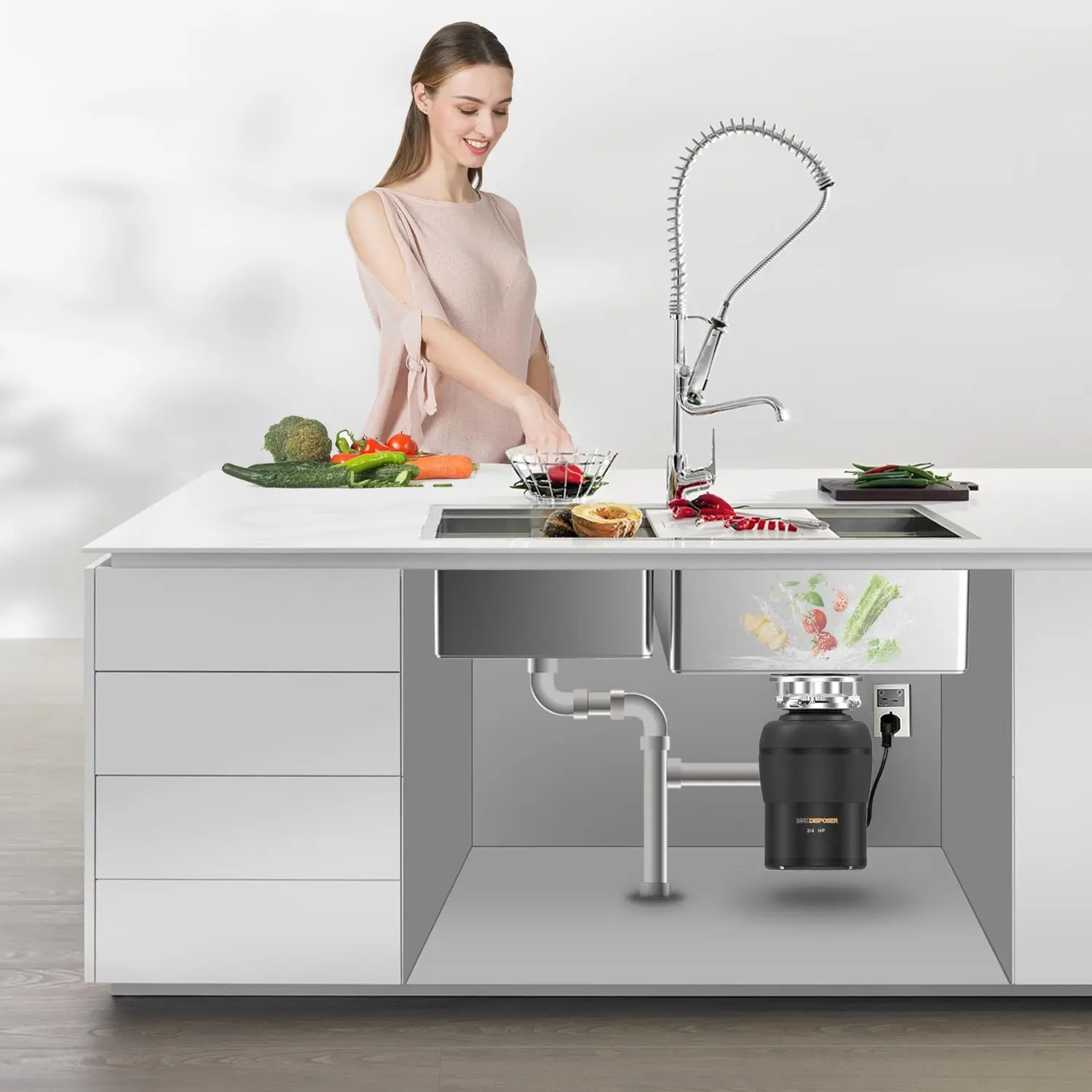 Disposal 3/4 HP for Kitchen sink Quiet with Stopper Power Cord, Easy install, Continuous Feed Food Waste Disposer 6