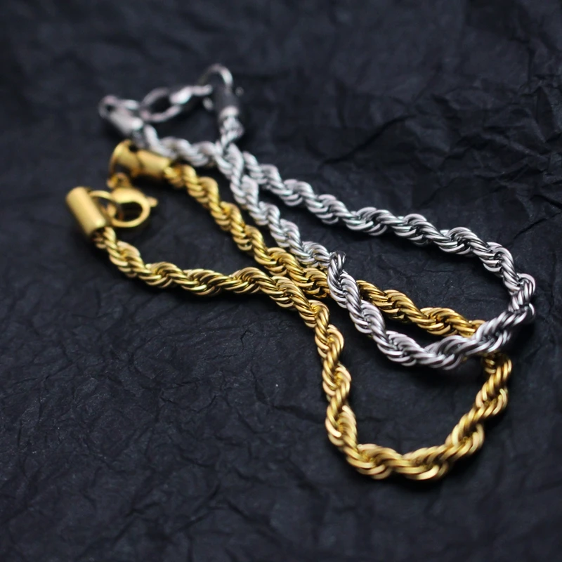 

Punk Gold Silver Color Rope Chain Bracelets for Men Women Stainless Steel Twisted Rope Link Chain Anklet Adjustable Jewelry Gift