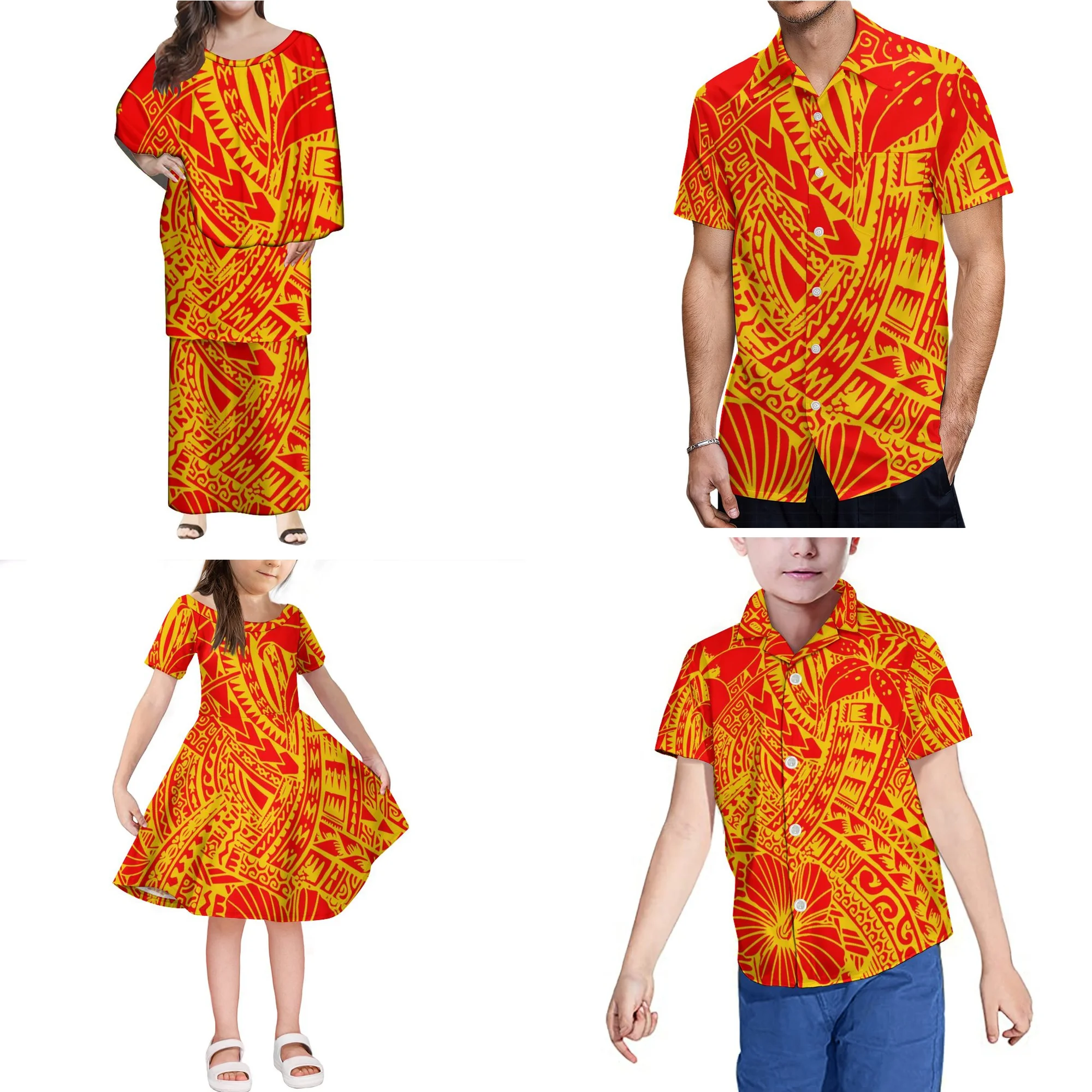 

Dropshipping Family Set Polynesian Tribal Ethnic Pattern Printed Plus Size Adult Children's Clothing 4-piece Set Dress Top