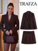 TRAFZA Women Fashion Suits Brown Turn-Down Collar Long Sleeves Single Breasted Blazer+High Waist Zipper Skirt Female Spring Sets 1