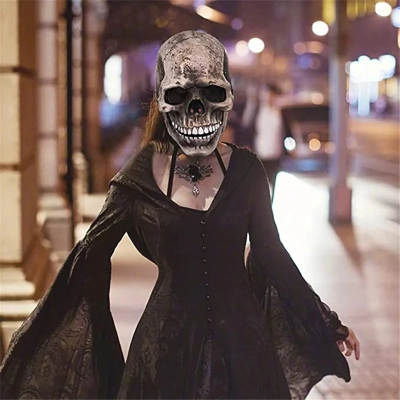 Full Head Skull Mask Carnival Adults Halloween Moveable Mouth Jaw Anime Horror Helmet Skeleton Headgear
