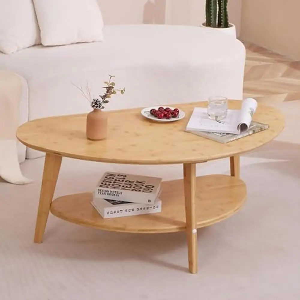 Nature Bamboo Oval Coffee Table with Storage Shelf Mid-Century Modern Living Room Furniture 41.5" Eco-Friendly Paint Durable &