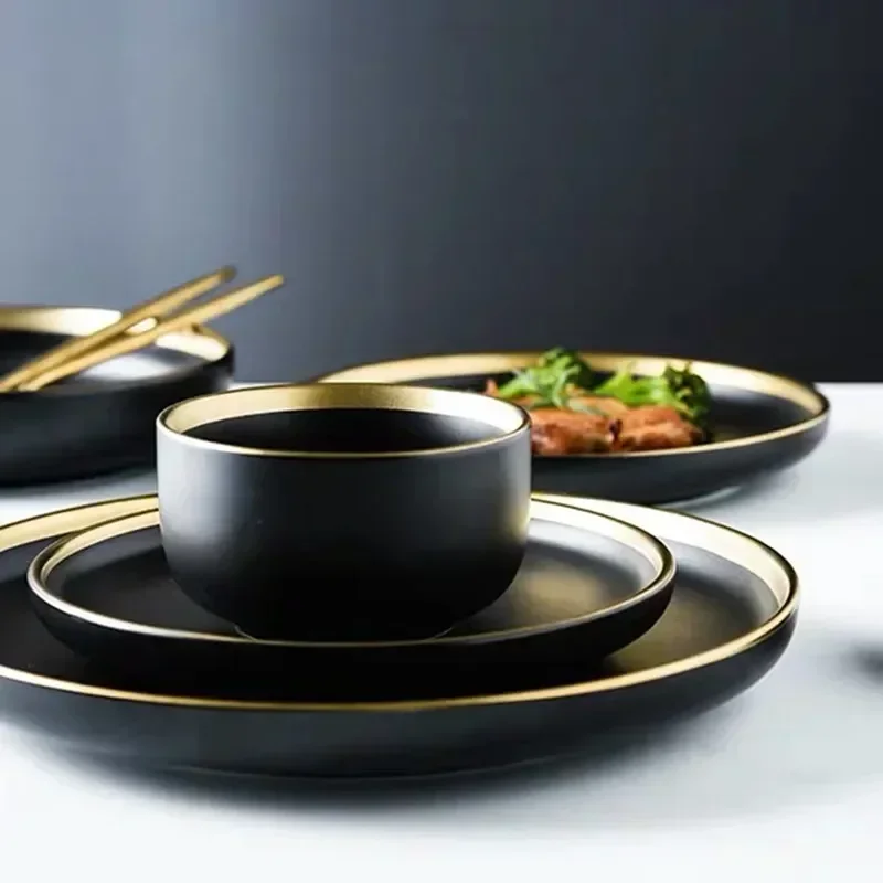 Ceramic Kitchen Plates Gold Sets Inlay Dinner Steak Service Plates Bowls Salad Cake Dish Serving Tray Dessert Tableware