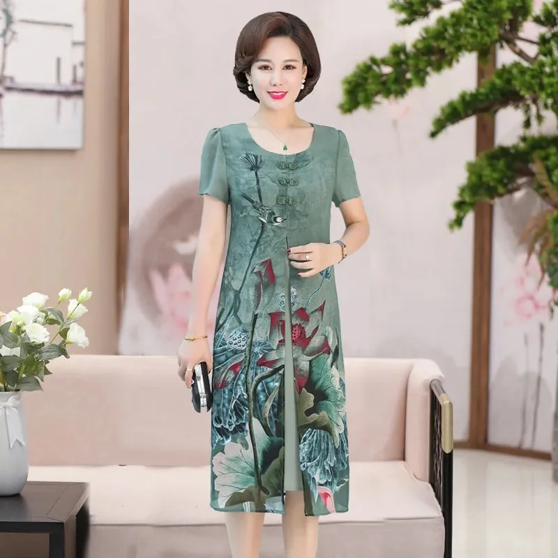 Womens Chiffon Fake Two Pieces Summer Dress 40-50-Year-Old Western  Middle-Aged and Elderly Womens Dress : : Clothing, Shoes &  Accessories