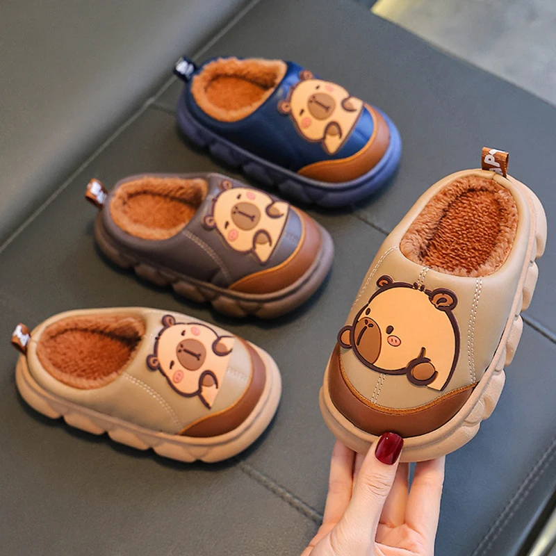 Children's Waterproof Cotton Slippers Winter Non Slip Thick Bottom Home Slides Children Indoor Warm Soft Plush Slippers Women