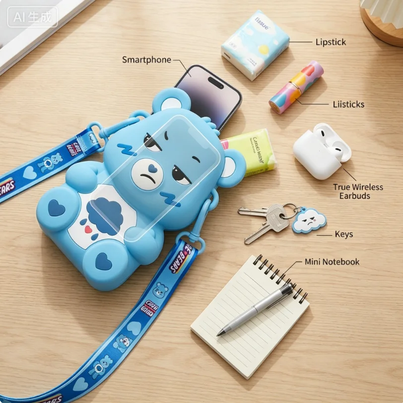 Cute Bear Silicone Crossbody Bag - Kawaii Cartoon Shoulder Bag for Kids, Waterproof Mini Coin Purse