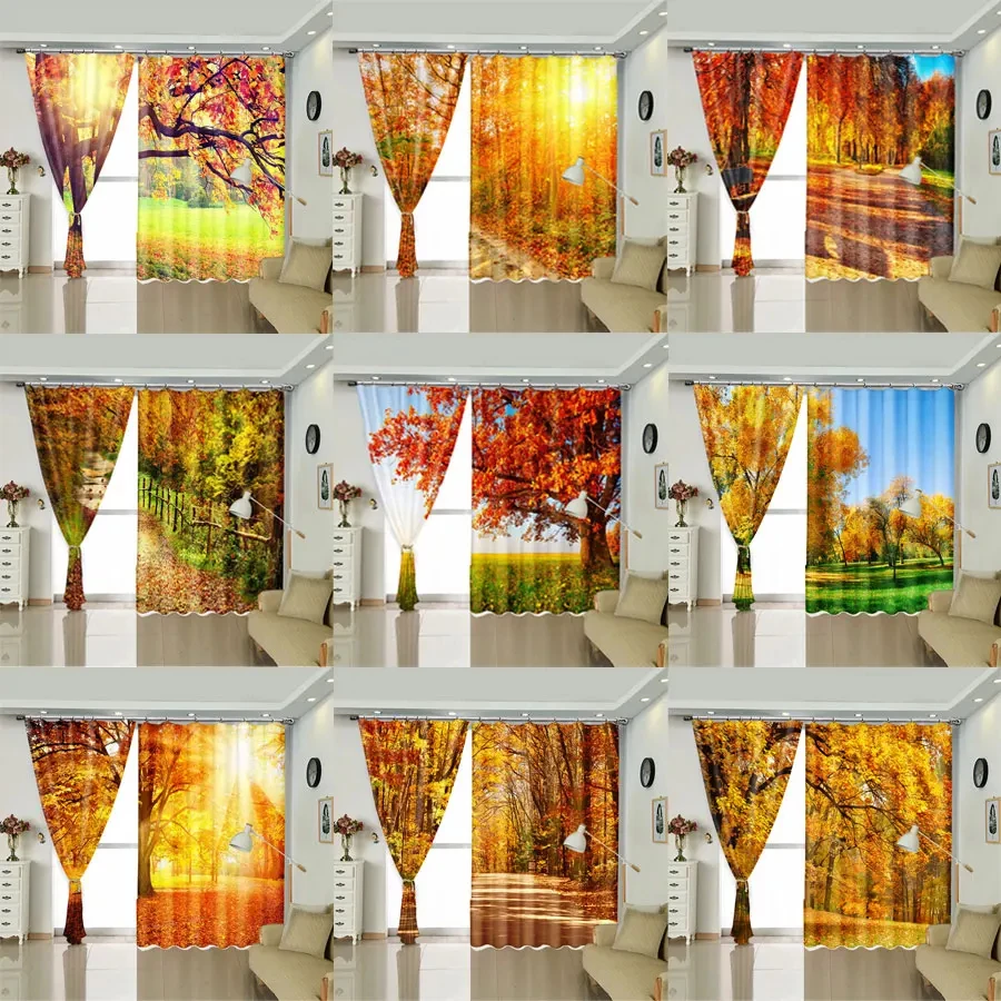 

Autumn Maple Leaf Printed Curtain Large Size W500XH250 for Bedroom Living Room Floor-to-ceiling Window Partition Door 2PC