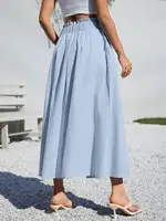 Light Blue High Waist A-Line Linen Midi Skirt for Summer Casual Wear - Image 2