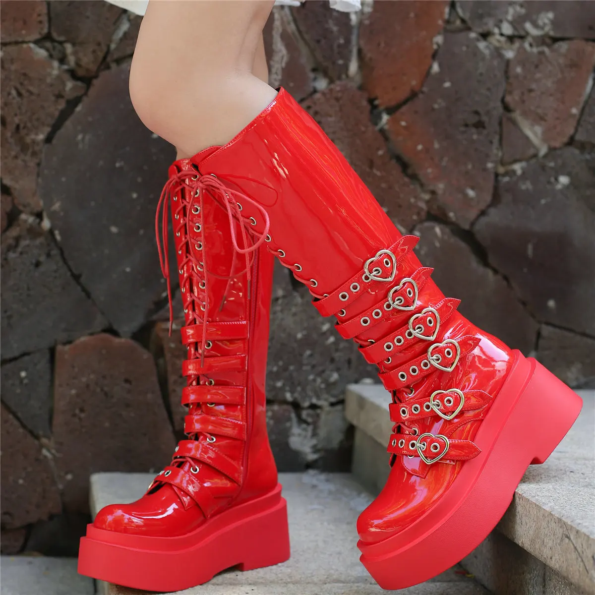 

Winter High Heel Pumps Shoes Women Lace Up Patent Leather Wedges Knee High Boots Female Round Toe Fashion Sneakers Casual Shoes