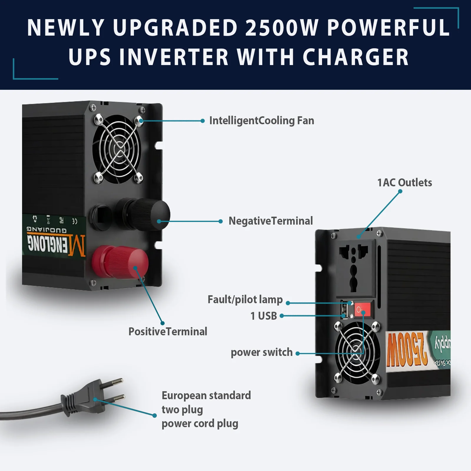 1000W 1600W 2500W UPS 인버터 충전기 12V에서 220V 230V로 변환, 20A 충전기 USB 포함, 가정용 비상 전원 공급, RV, 캠핑, 보트용