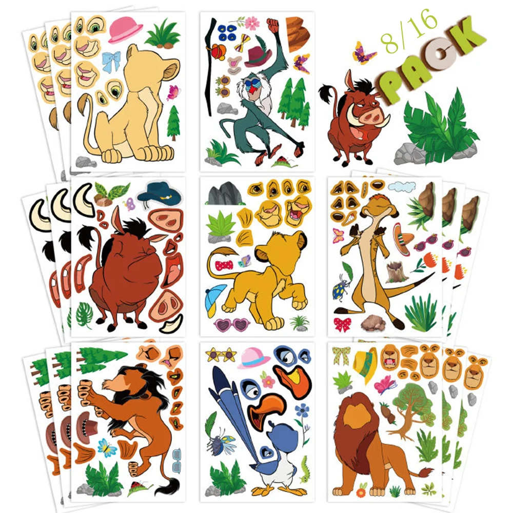 8/16 Fogli Disney The Lion King Puzzle Stickers Crea Un Viso Crea Il Tuo Giocattolo Per Bambini Assemblare Jigsaw Children Party Gift Game