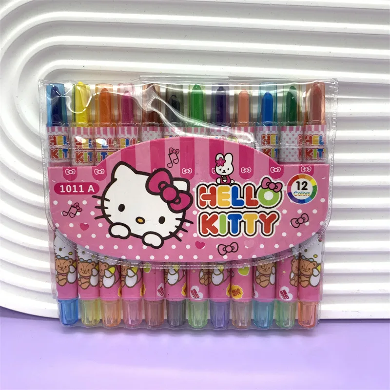 Nuovi 12 colori sanios pastelli Kawaii Hello Kittys Kuromi Melody Cinnamoroll rotante telescopico colorato penna bambini disegno Graffi