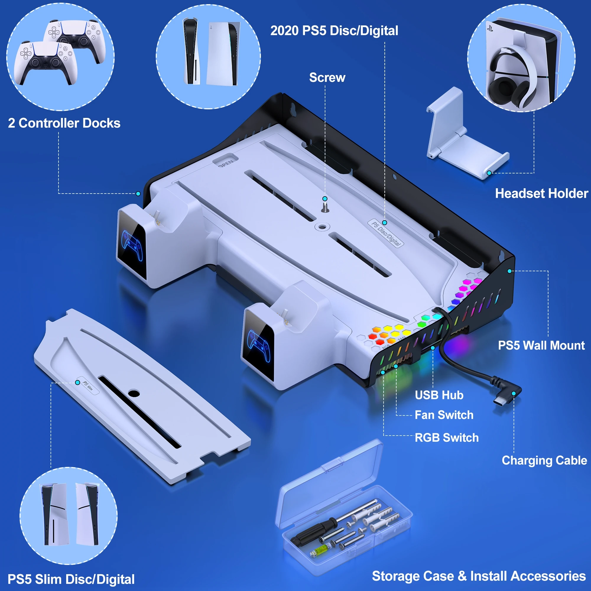 Cooling Stand para PS5, controlador duplo, estação de carregamento, Playstation 5, Console Wall Mount, carregador