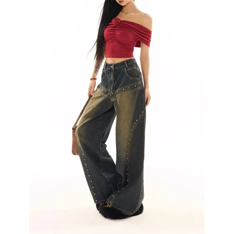 Women Wide-legged Pants Low-rise Jeans Woman's Clothing Studded Vintage Baggy Trouser Streetwear Y2K Hipster Solid Design New