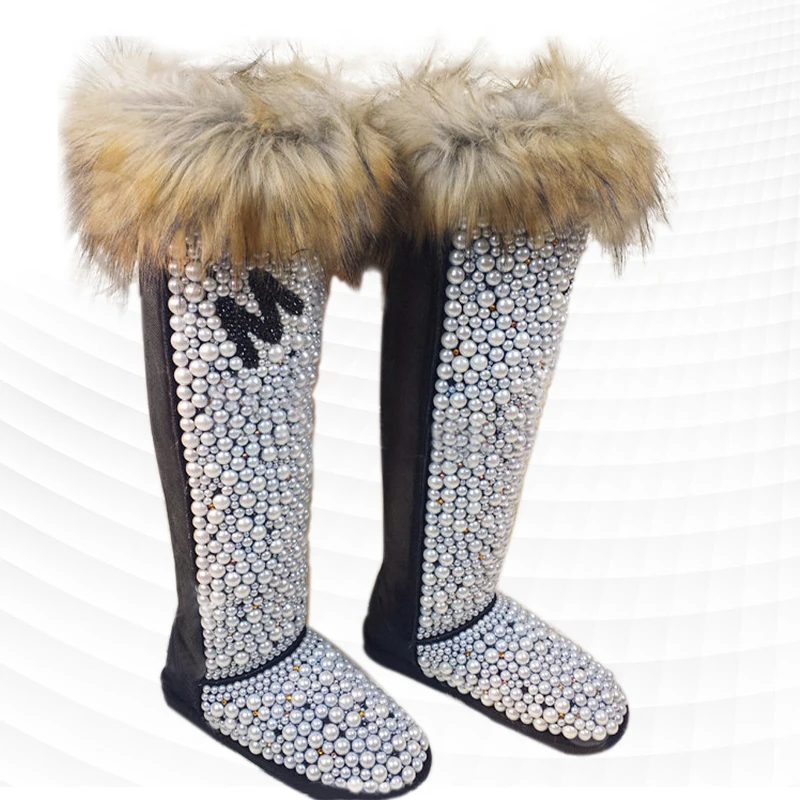 

All-in-one fox hair boots handmade custom winter pearl rhine-diamond plus cashmere warm boots Fur boots women's 35-44