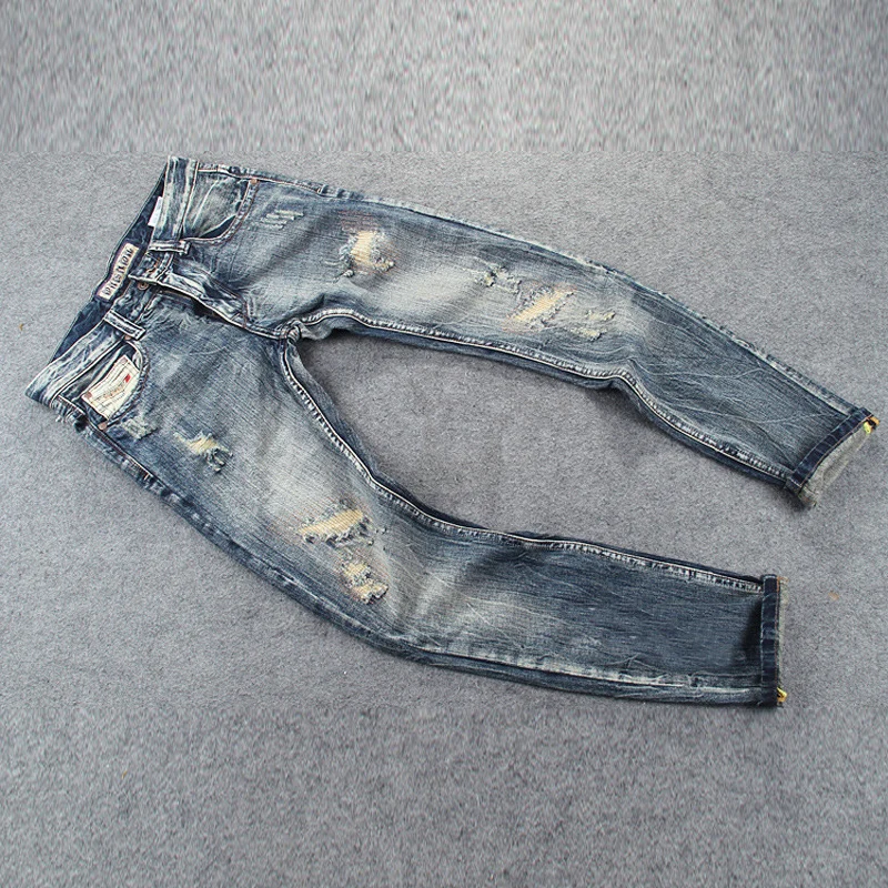 Streetwear Fashion Men Jeans Retro Wash Slim Fit Destroyed Ripped Jeans Men Hole Trousers Patched Vintage Designer Pants Hombre 3