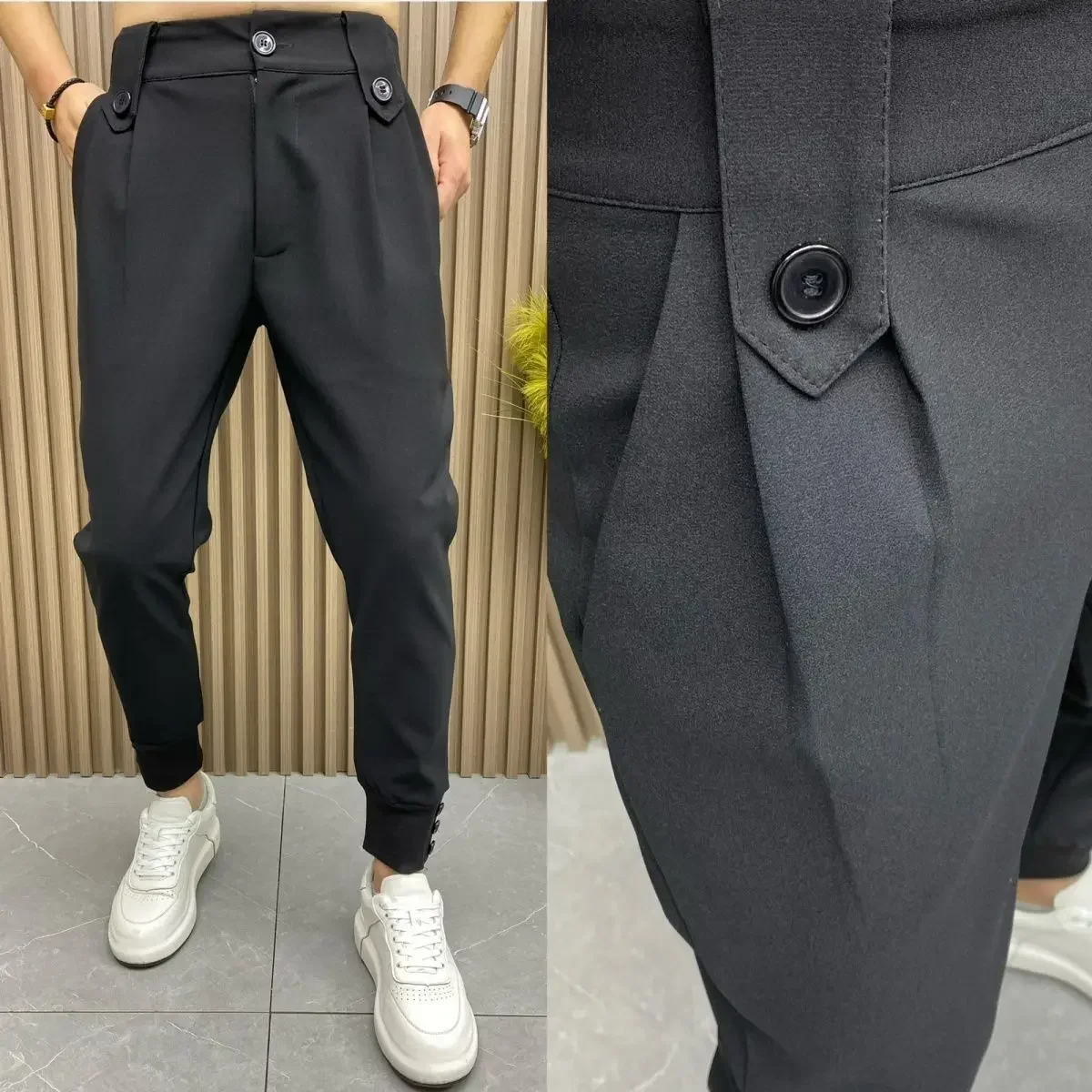thumbnail image 1 of Pantalones de verano ajustados y de talla grande para hombre, pantalones de traje recortados, estilo coreano, 2024, de licra, formales, 1 of 5