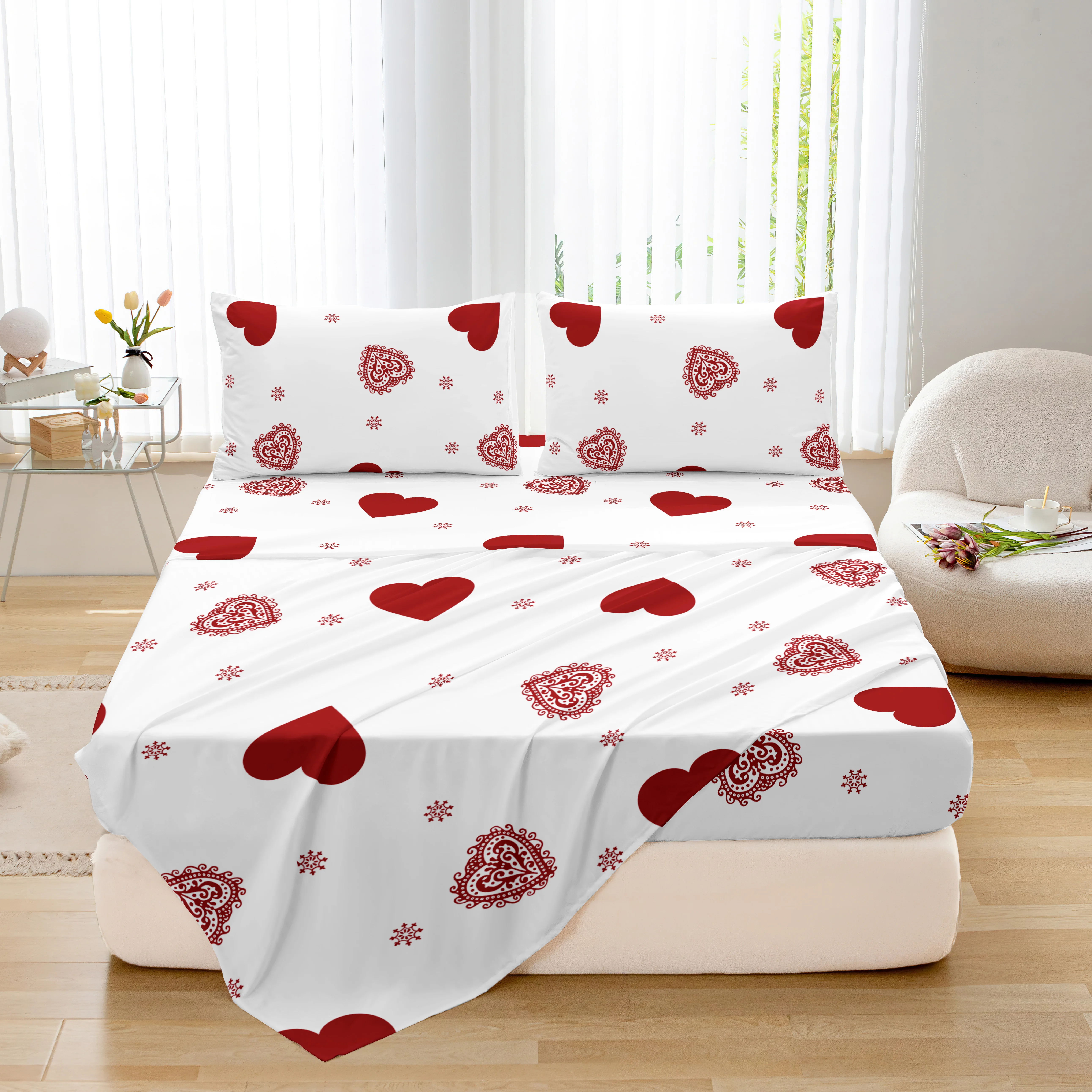 4 pezzi simbolo del cuore spazzolato Lenzuolo + lenzuolo piatto + set di federe lenzuolo piatto Queen Size traspirante e delicato sulla pelle Federe