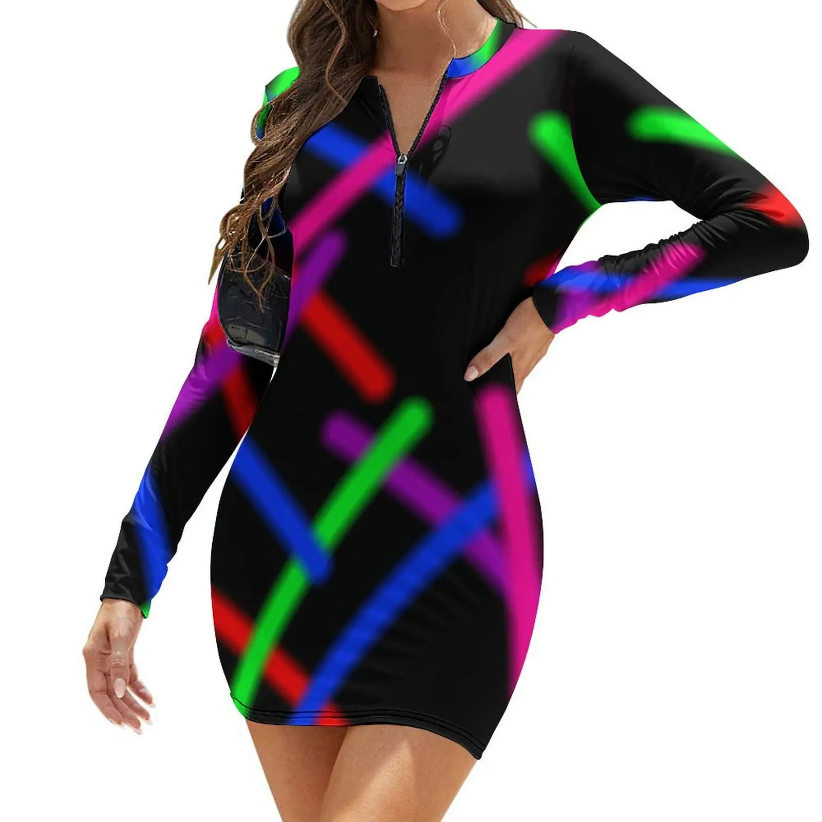 

1980s Rainbow Neon Glowing Laser Beams, Single Image Version Long-Sleeve Bodycon Dress Female clothing woman dress