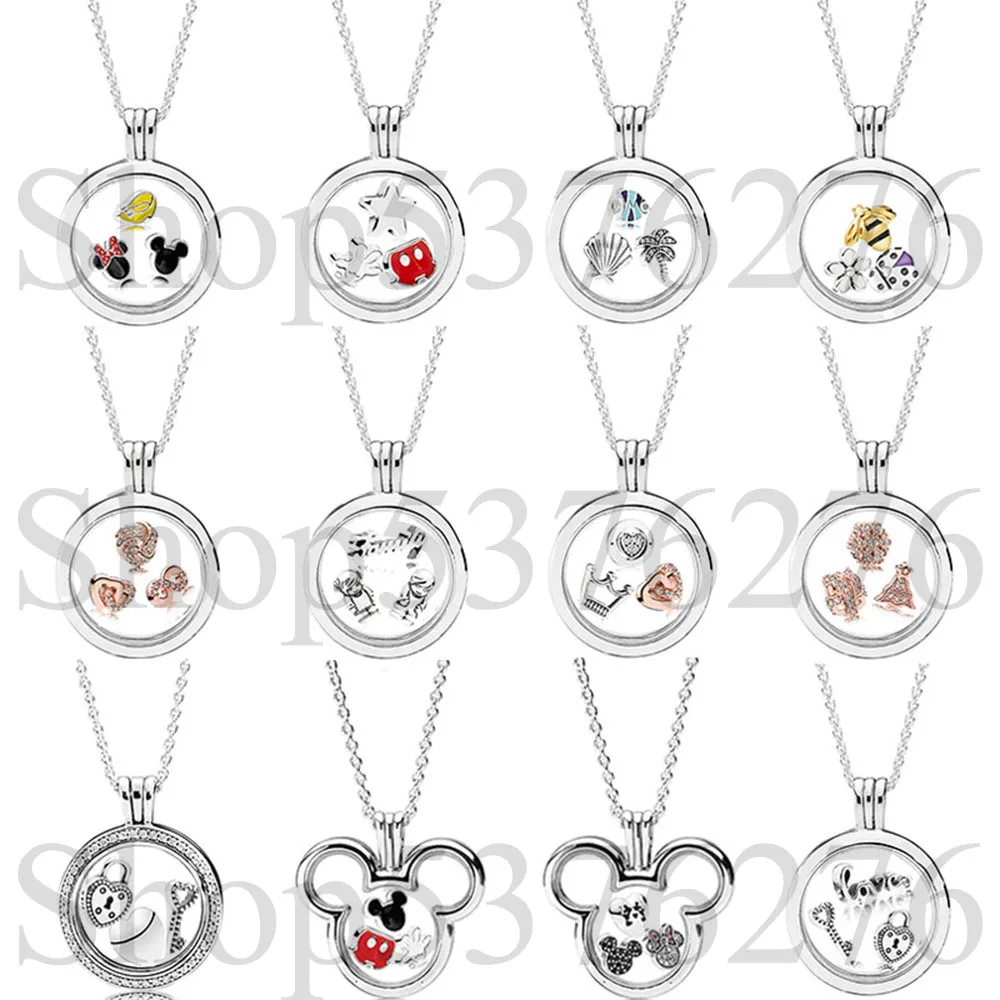 

925 Sterling Silver Sparkling Glass Floating Locket 3 Petite Charms Fashion Chain Necklace Fit Women Bead Charm Gift DIY Jewelry