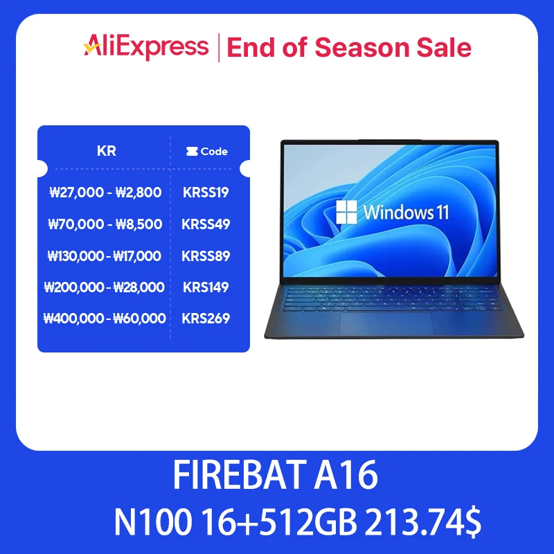 Notebook Laptop FIREBAT A16 16 Inch 100%sRGB Ultra Slim DDR4 16G RAM 1TB 1920*1200 Fingerprint Portable Intel N100 N5095
