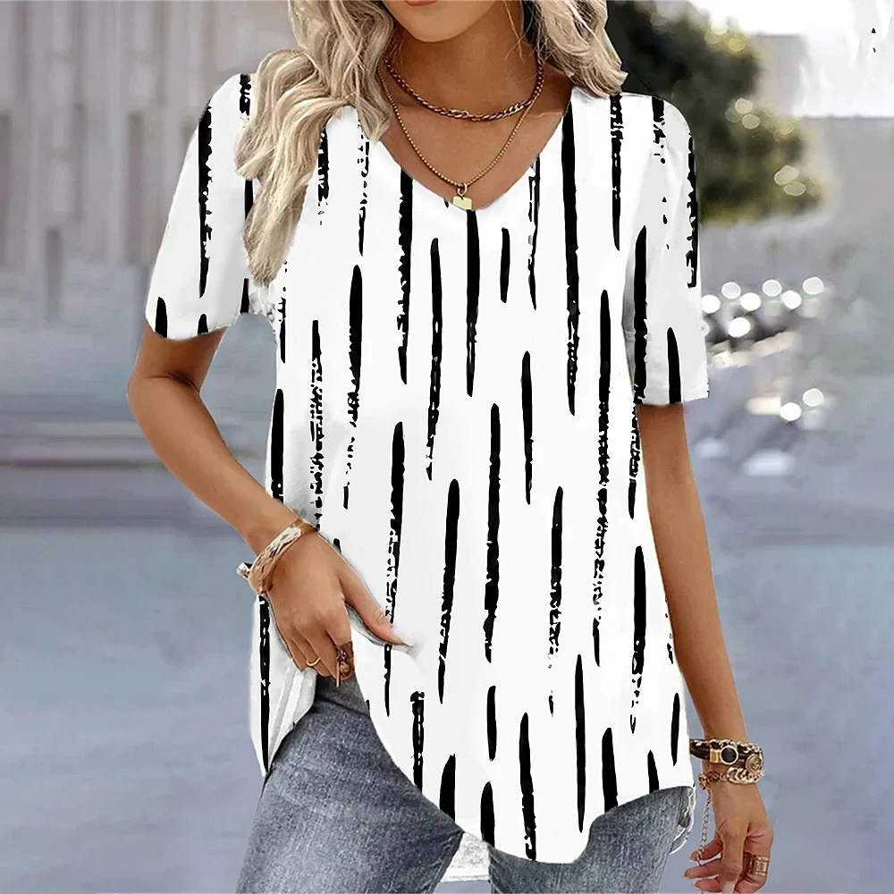 Fashion Woman Blouses 2024 T-shirt Women's 3d Flower Print White Kawaii V-neck T Shirt Female Clothing Oversized Summer Tops Tee images - 6