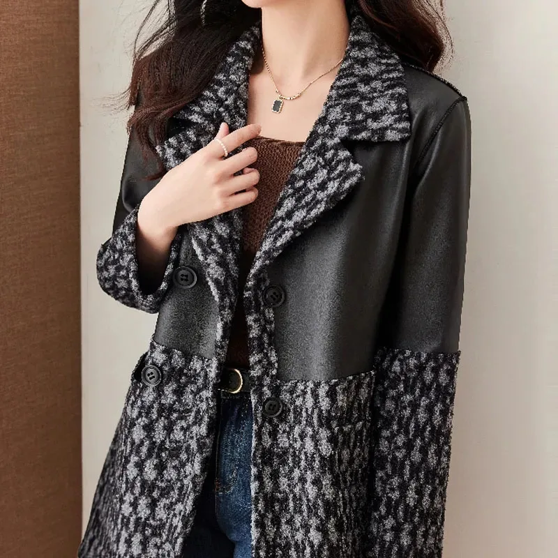 Winter New PU Leather Coat Long Double-Sided Leather Dress Women\'s Splicing Fashion Trench Coat Female Casual Motorcycle Jacket