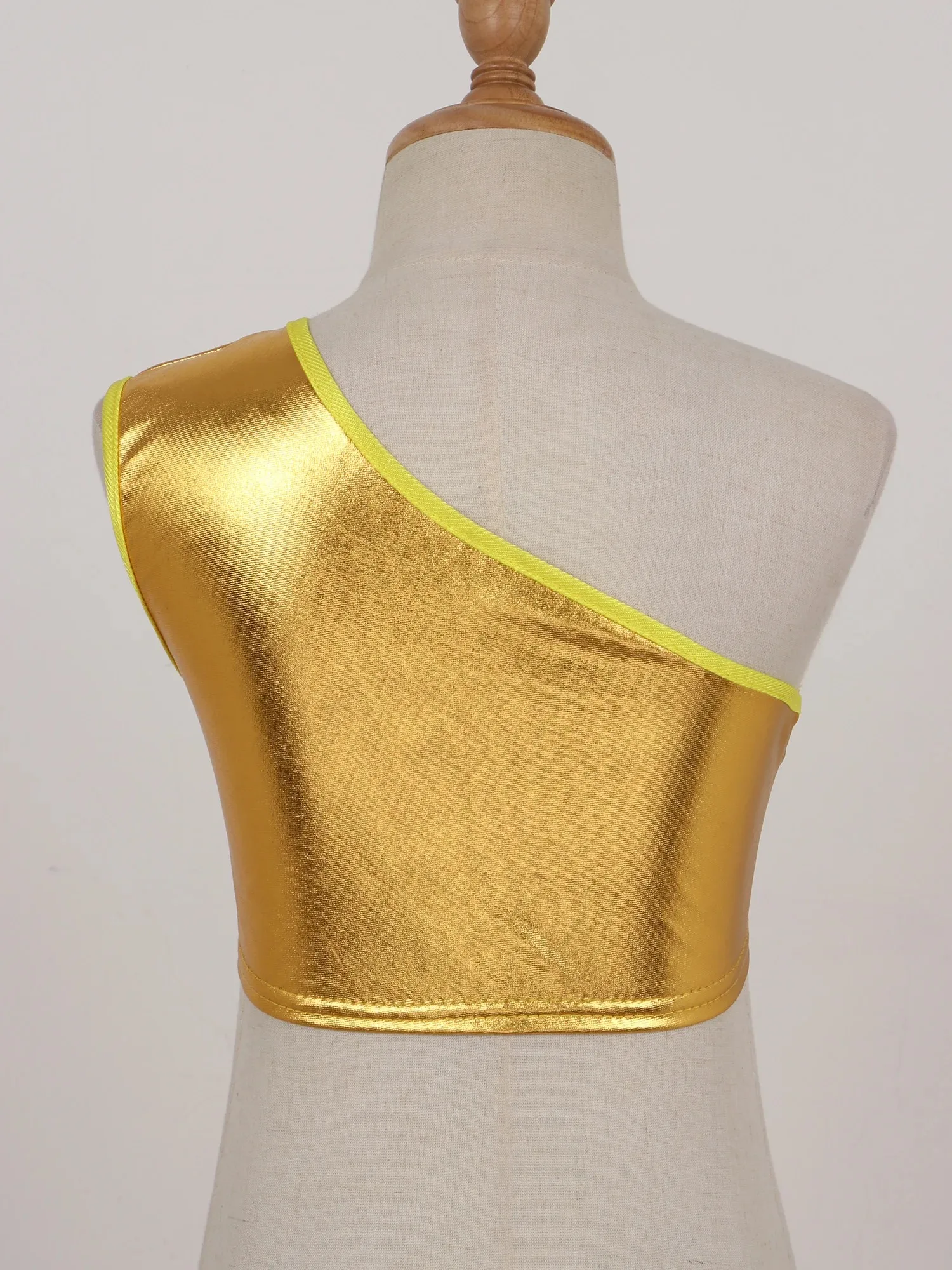 Kids Girls Boys Dance Performance Tops Single Shoulder Slant Shoulder Sleeveless Shiny Metallic Crop Vest Solid Color Costumes