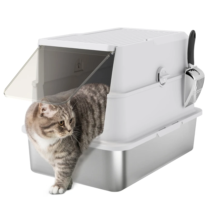 XL Katzentoilette aus Edelstahl, hellgrau, inklusive Schaufel. – Detail 8