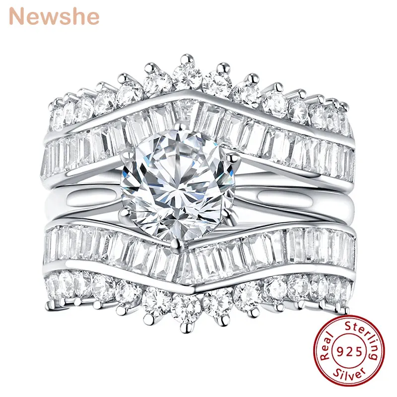 Newshe Solid 925 Sterling Silver Wedding Rings Set For Women Solitaire  Round Cut Engagement Ring Guard Band AAAAA Zircon BR1157