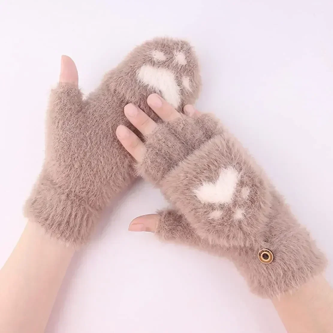 Winter Gloves Cartoon Cat Paw Fingerless Flip Mittens for Women Girls Winter Warm Fleece Touch Screen winter gloves cat gloves