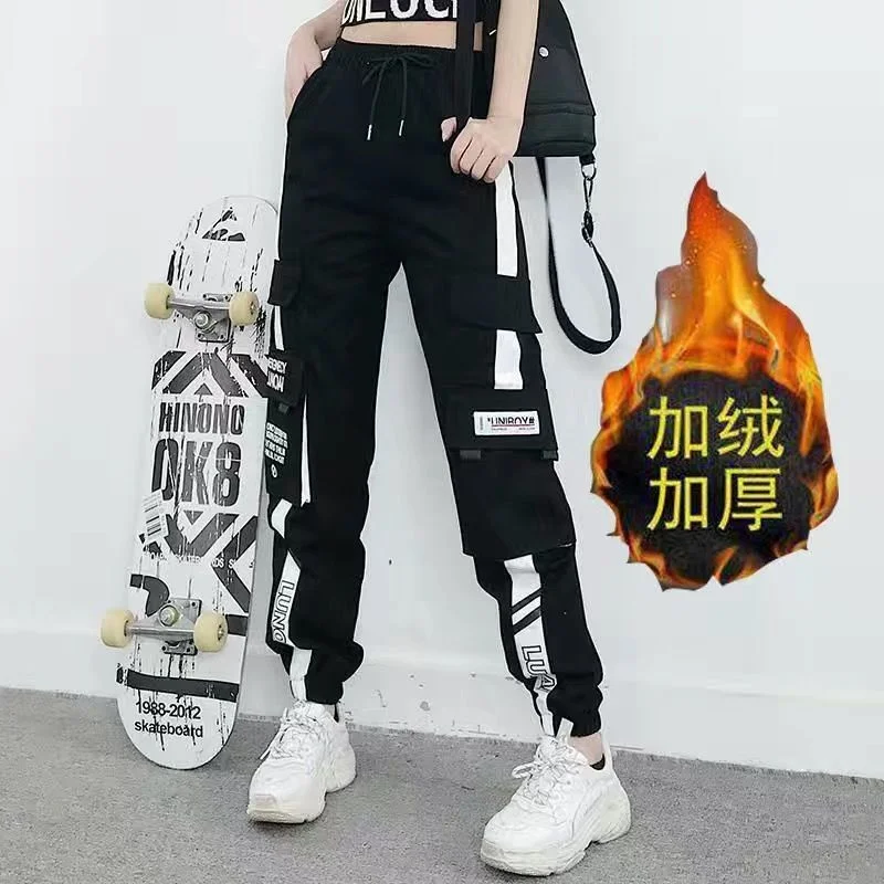 

Fleece Women's High Waist Cargo Pants 2023 Winter Sportswear Loose Pants Harajuku Cotton Female Cargo Pants Elastics Trousers