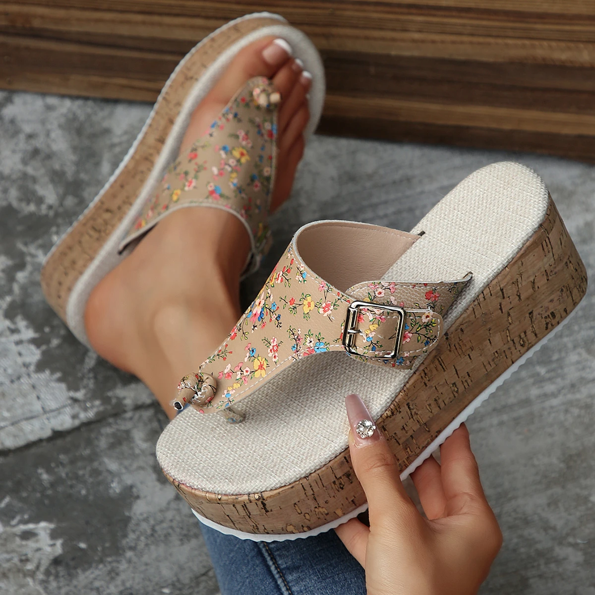Clip Toe Chunky Platform Sandals Women 2025 Summer Retro Flower Print Wedge Sandals Woman Plus Size 43 Thick Bottom Beach Shoes