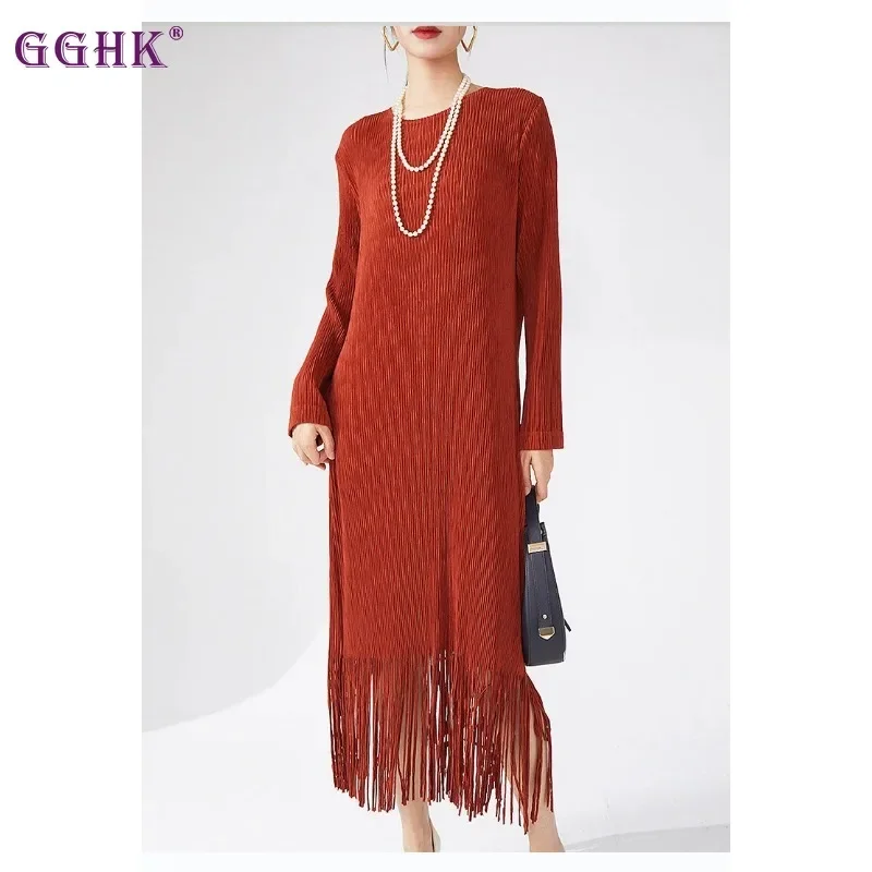 

Женское плиссированное платье GGHK Miyake, элегантное однотонное платье с длинными рукавами и кисточками, модель 2024 года