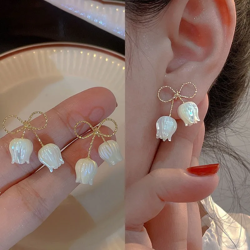 925 Silver Needle Korean Fashion Bowknot Tulip Earrings For