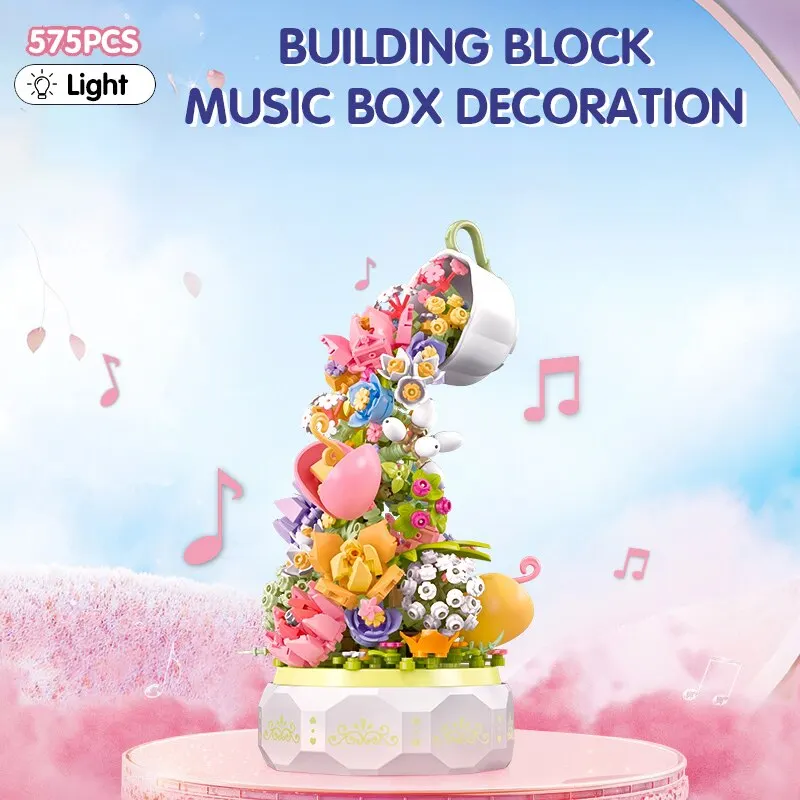 575Pcs Teacup Flower Lighting Music Box Building Block City Home Decor Anime Regalo Creativo Giocattolo Per Bambini Adulti