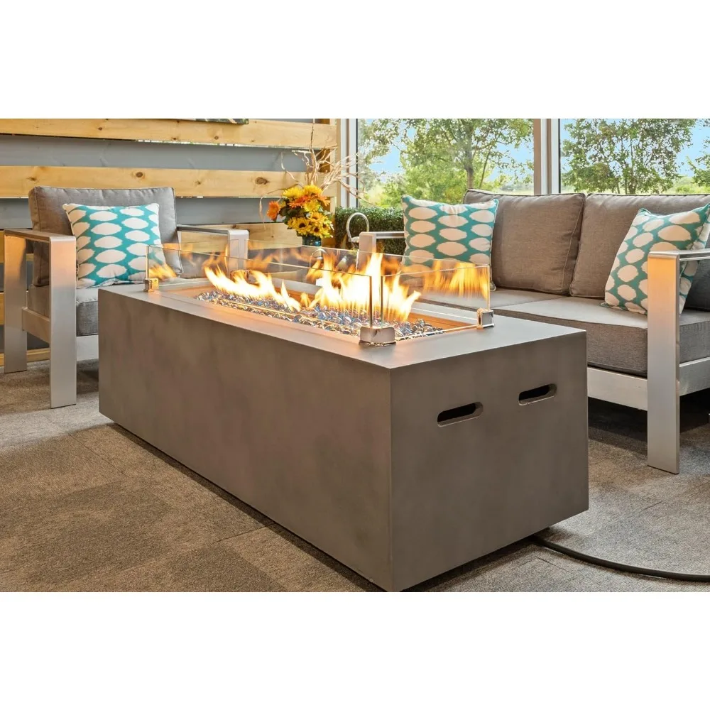 Rectangular Concrete Fire Pit Table 60" 50000 BTUs Glass Guard and Crystals