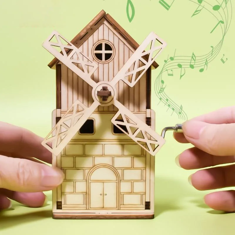 

3D Puzzle Model Windmill Wooden Music Box Handmade Assembly Toy Phonograph Decoration Children's Puzzle DIY Birthday Gift