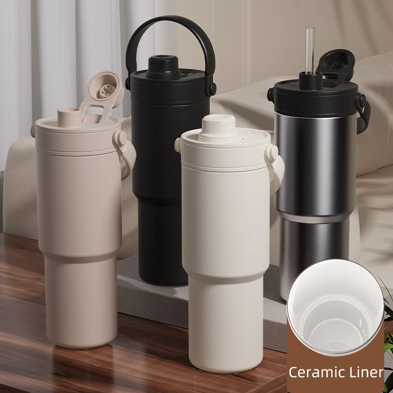 Ceramic Tumbler with Straw Portable Handle Cold Coffee Thermos 735ML 24OZ  Inner Ceramics Lined insulated Travel Mug Water Bottle - AliExpress 15
