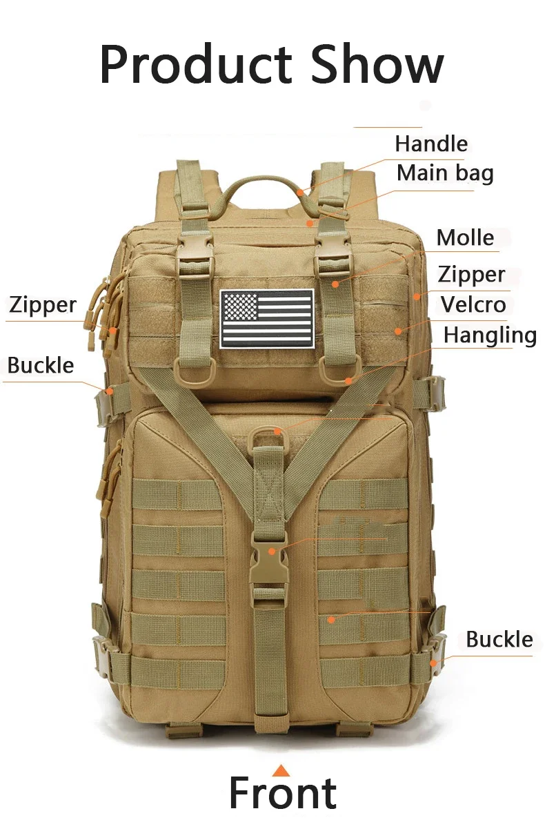 Description Picture 5 of item50L Hunting Backpack Large Capacity 3 day Molle Pack Men Climbing Backpack Bug Out Bag Rucksack for Outdoor Sport Travel Fishing