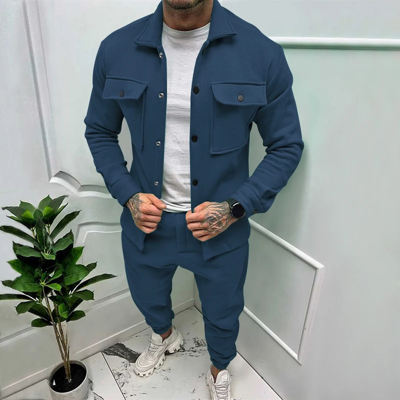 Men's Jacket and Pants Sets Spring Autumn Tracksuit High Quality Thick Bright Color Botton Tops Fashion 2 Piece Suits for Male