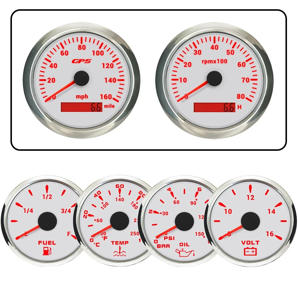 

6 Gauge Set 85mm 200km/h GPS Speedometer 0-8000RPM Tachometer + 52mm 0-120℃ Water Temp 10Bar Oil Pressure Fuel Level Voltmeter